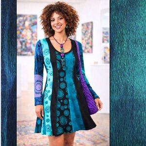 Aller Simplement Artsy Cotton Dress Teal Black Graphic Print Long Sleeve Size S